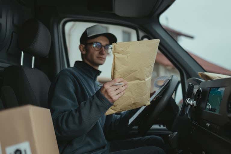 Delivery Man looking at a Parcel