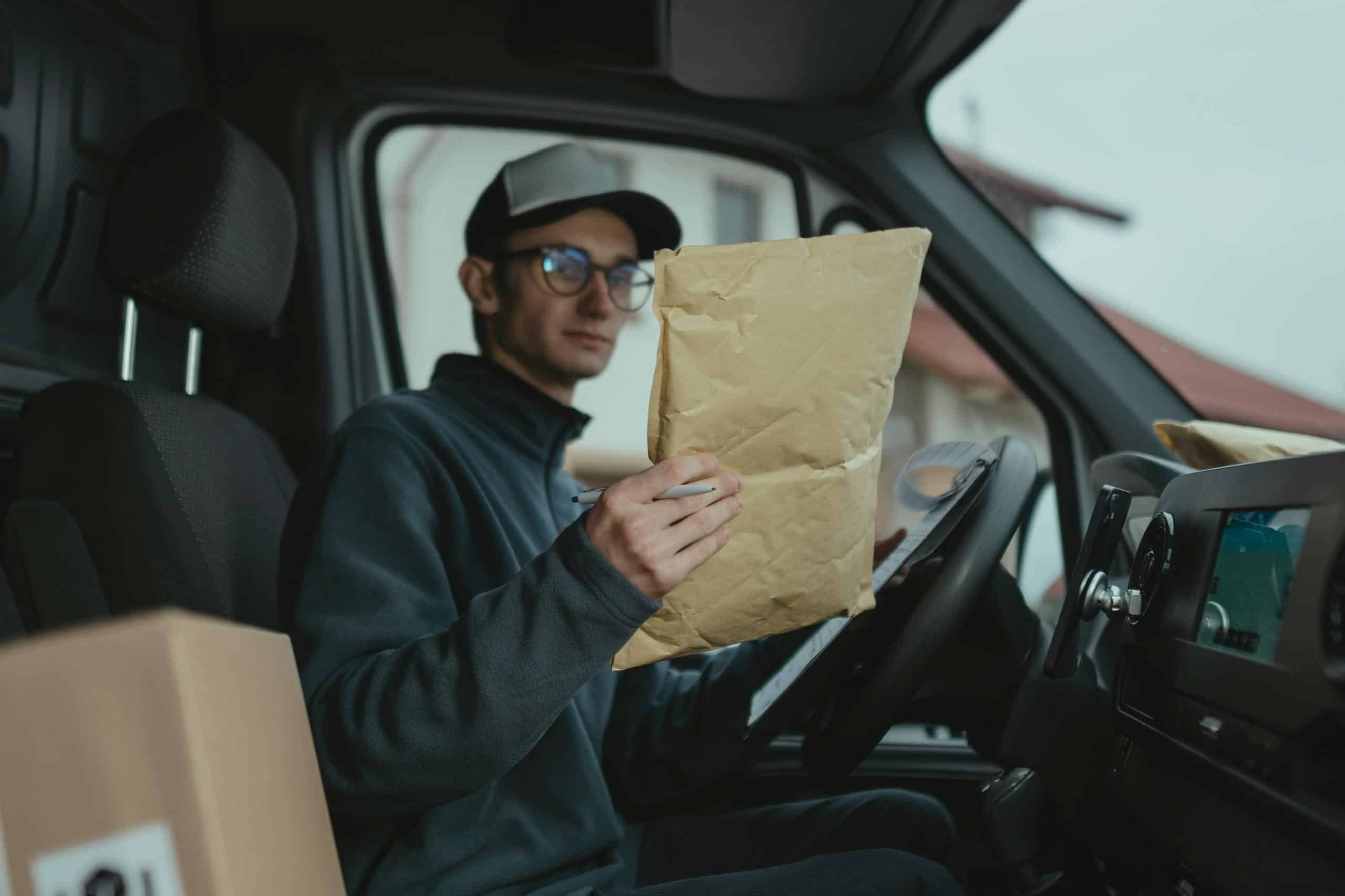 Delivery Man looking at a Parcel